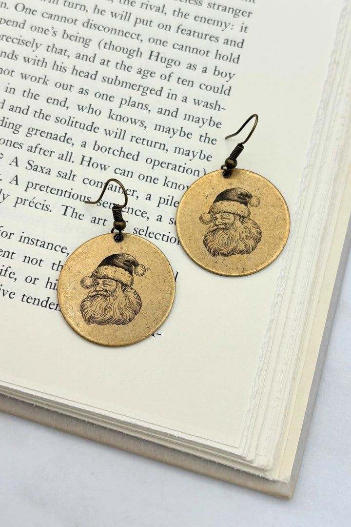 Christmas Santa Engraved Coin Dangle Earrings