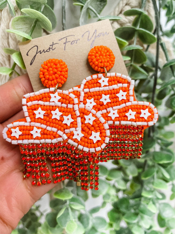 Cowgirl Hat with Orange Crystal Tassel Earrings