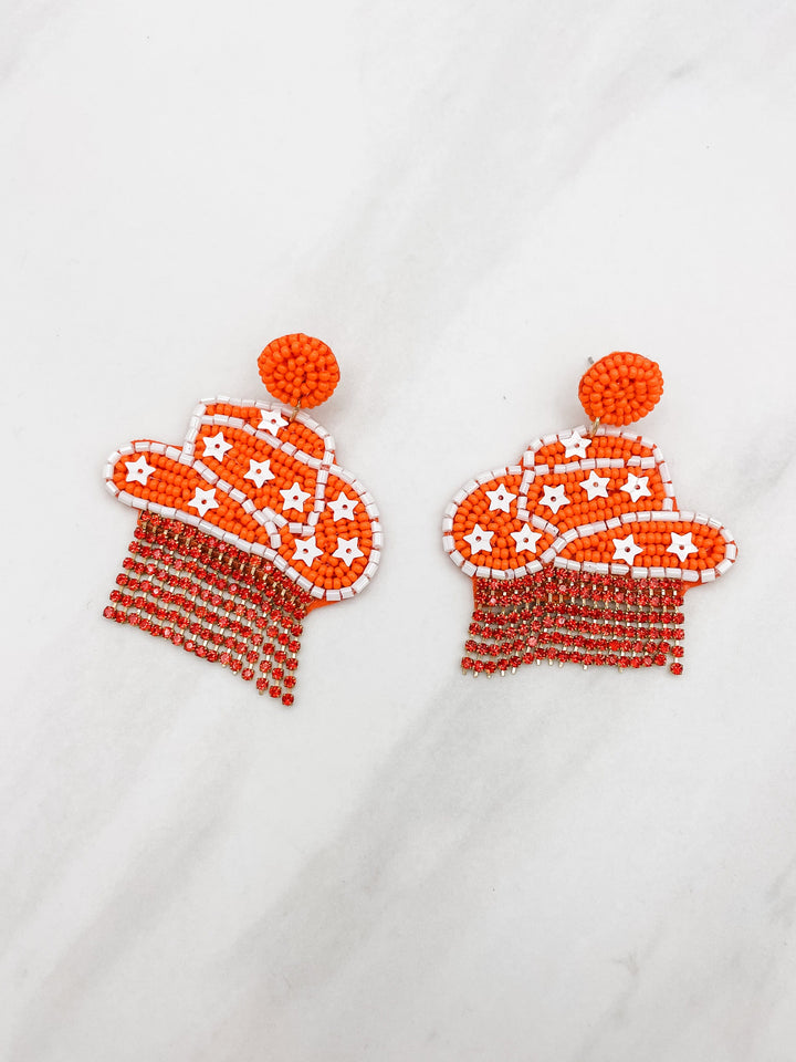 Cowgirl Hat with Orange Crystal Tassel Earrings