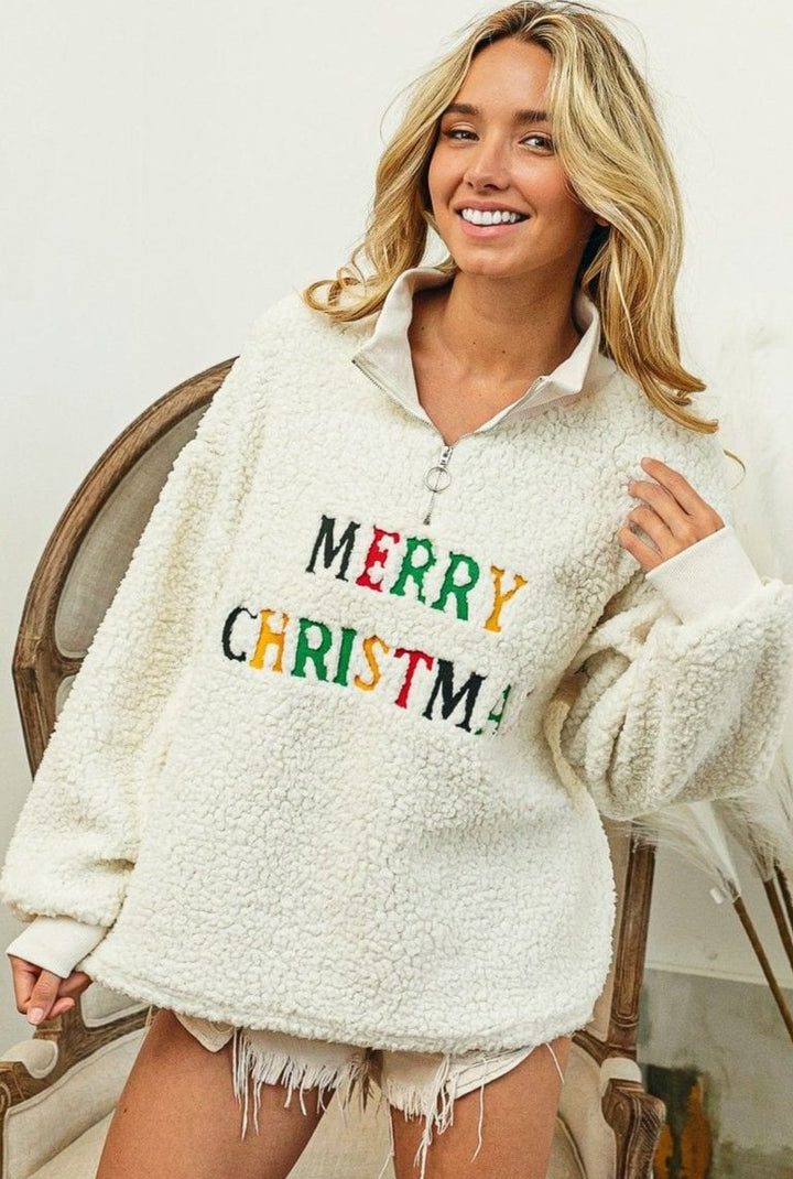 Cozy Christmas Embroidered Half Neck Collared Zip-Up Sherpa Pullover Top