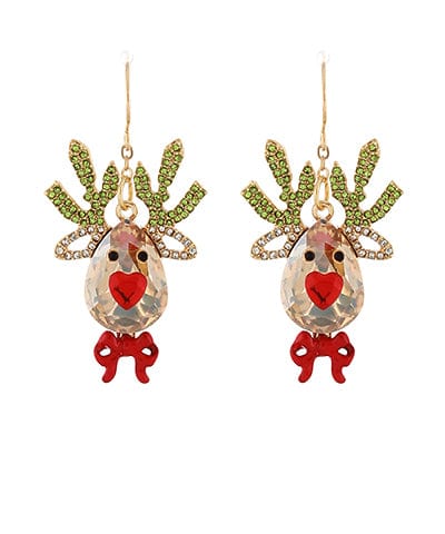 Crystal Head Rudolph the Red Nose Reindeer with Bedazzled Antlers Christmas Dangle Earrings