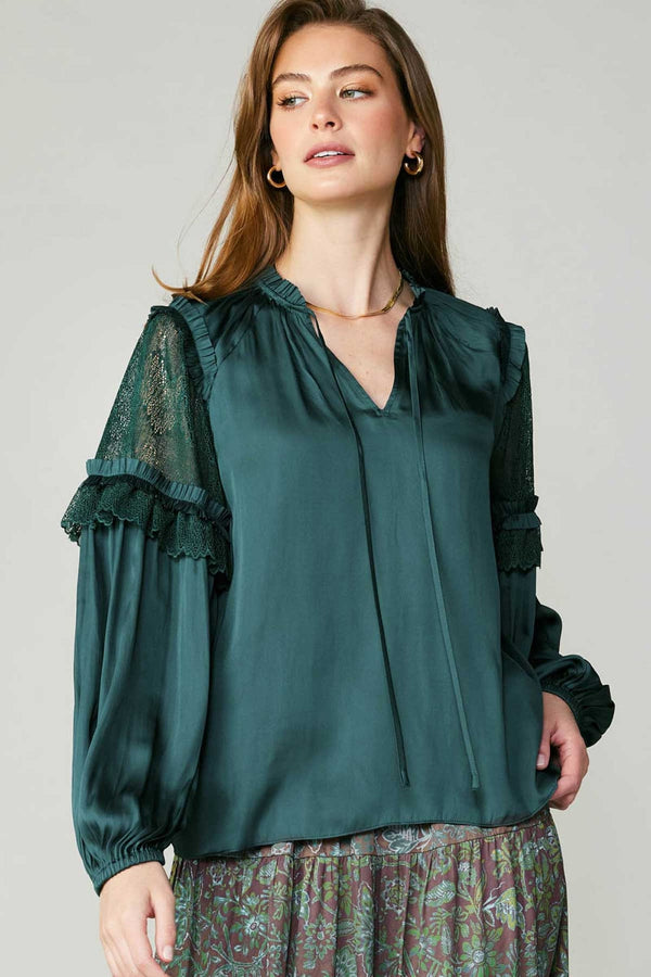 Current Air Long Sleeve Split Neck with Tie and Ruffle Detail on Shoulder