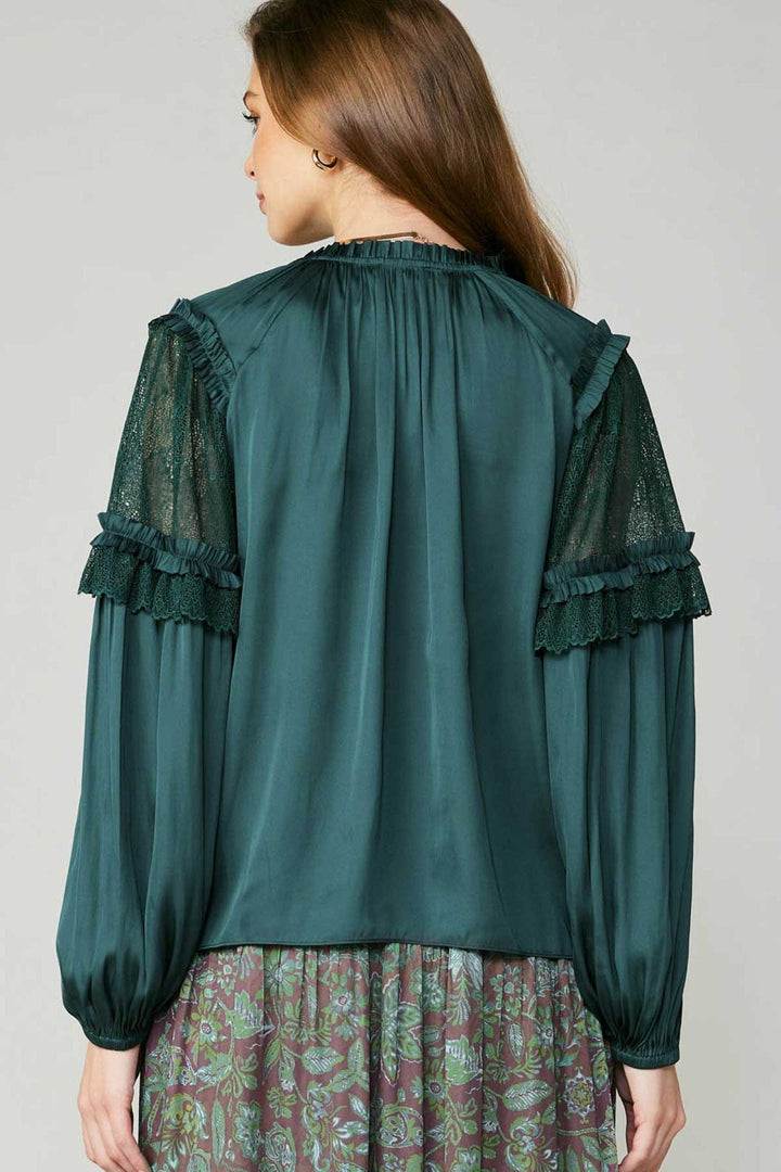 Current Air Long Sleeve Split Neck with Tie and Ruffle Detail on Shoulder