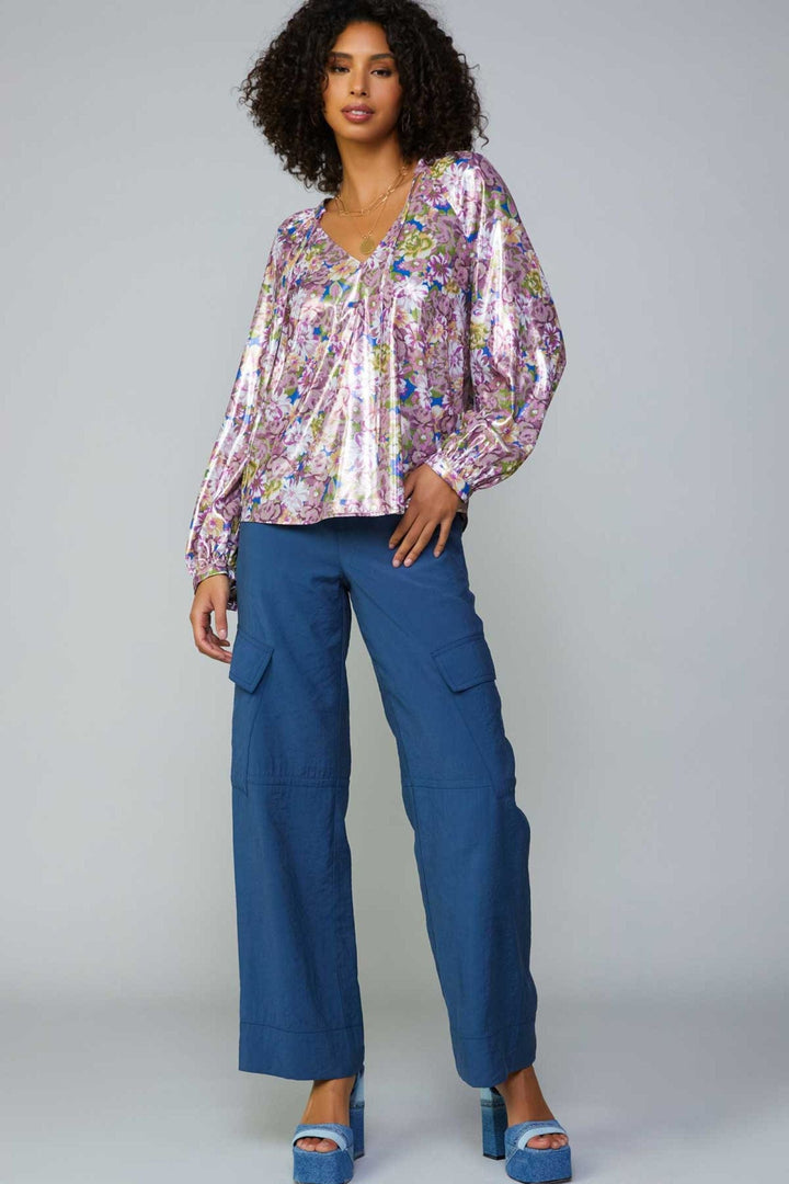 Current Air Long Sleeve V-Neck Blouse with Self Tie and Pleat at the Back