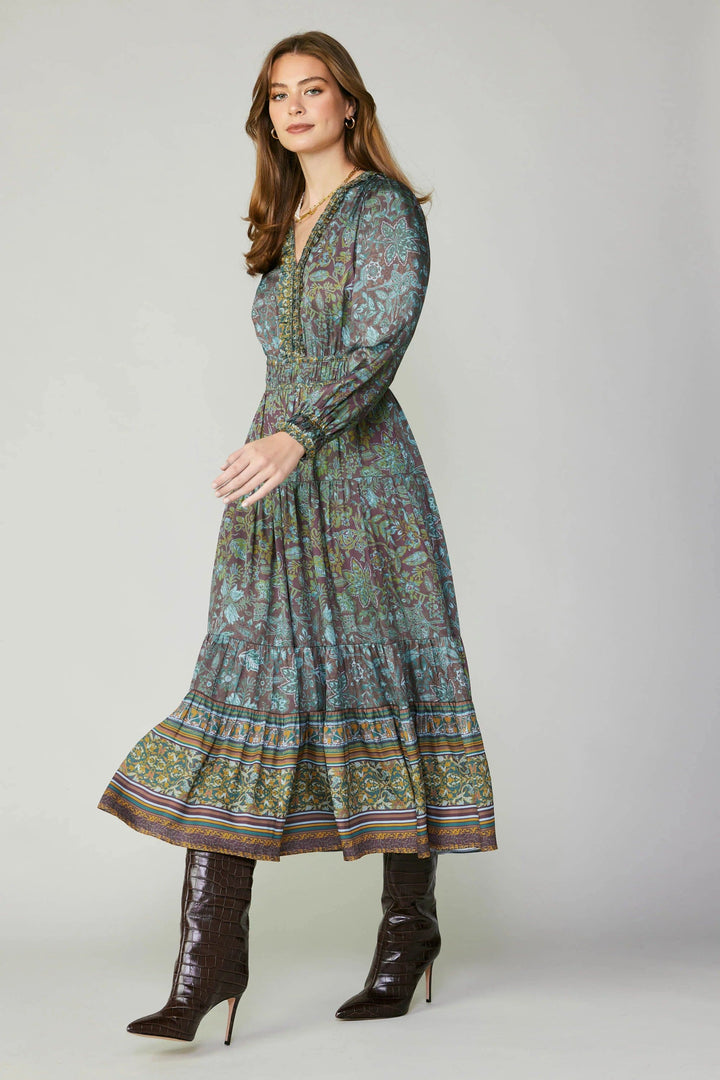 Current Air Long Sleeve V-Neck Dress with Elastic Waist