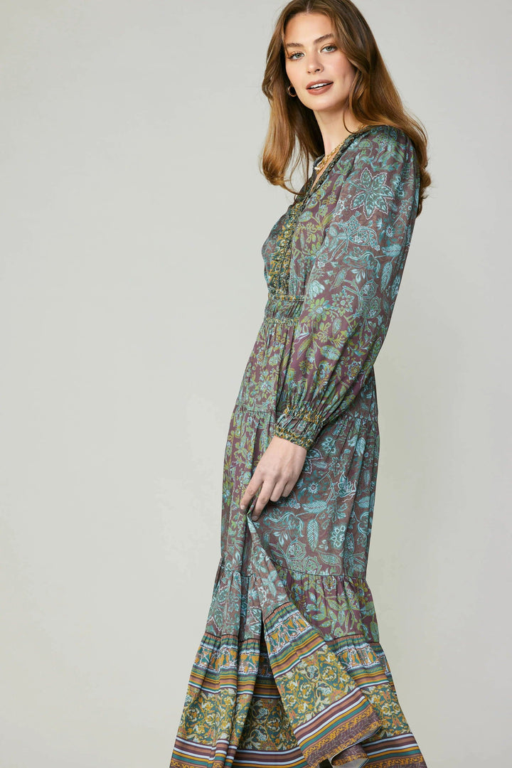 Current Air Long Sleeve V-Neck Dress with Elastic Waist