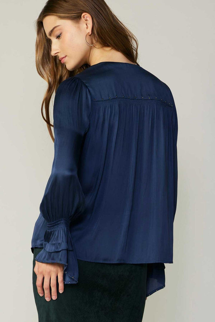 Current Air Long Sleeve V-Neck Top With Studded Shoulder