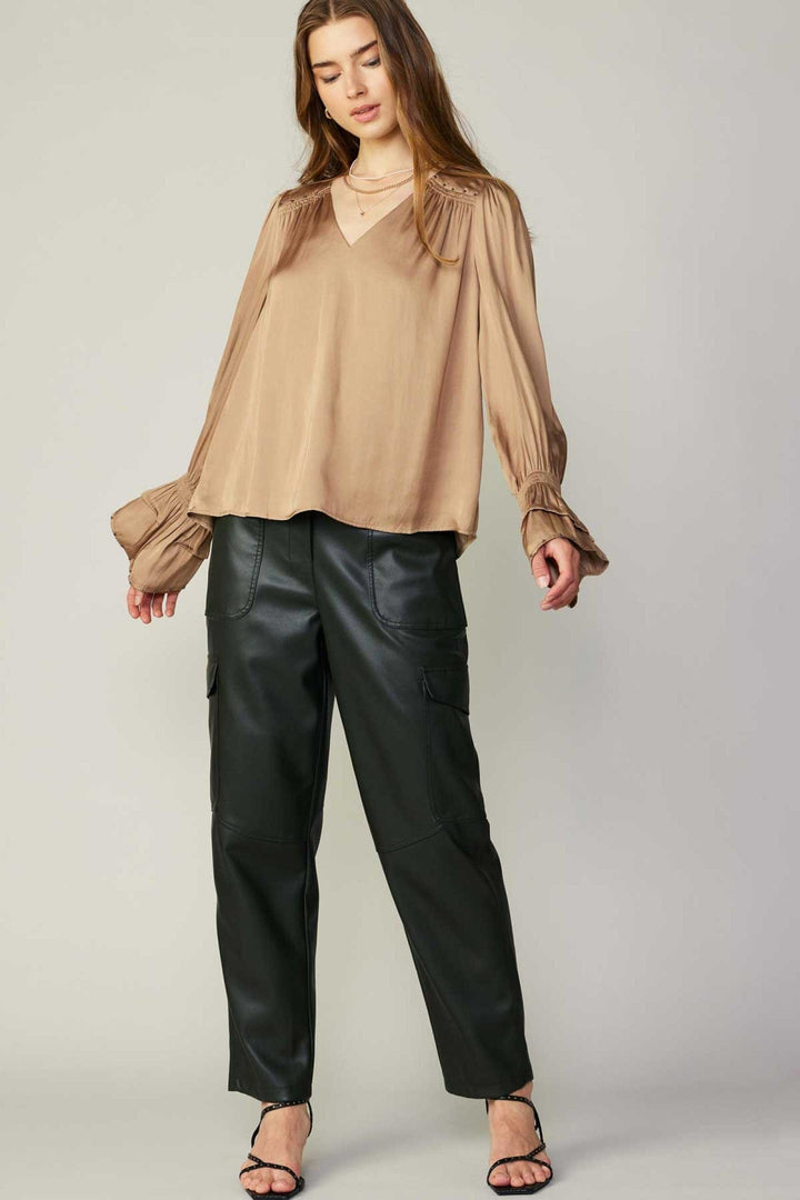 Current Air Long Sleeve V-Neck Top With Studded Shoulder