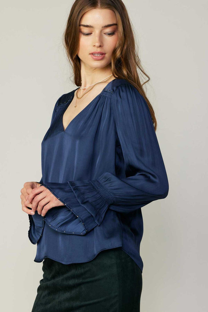 Current Air Long Sleeve V-Neck Top With Studded Shoulder