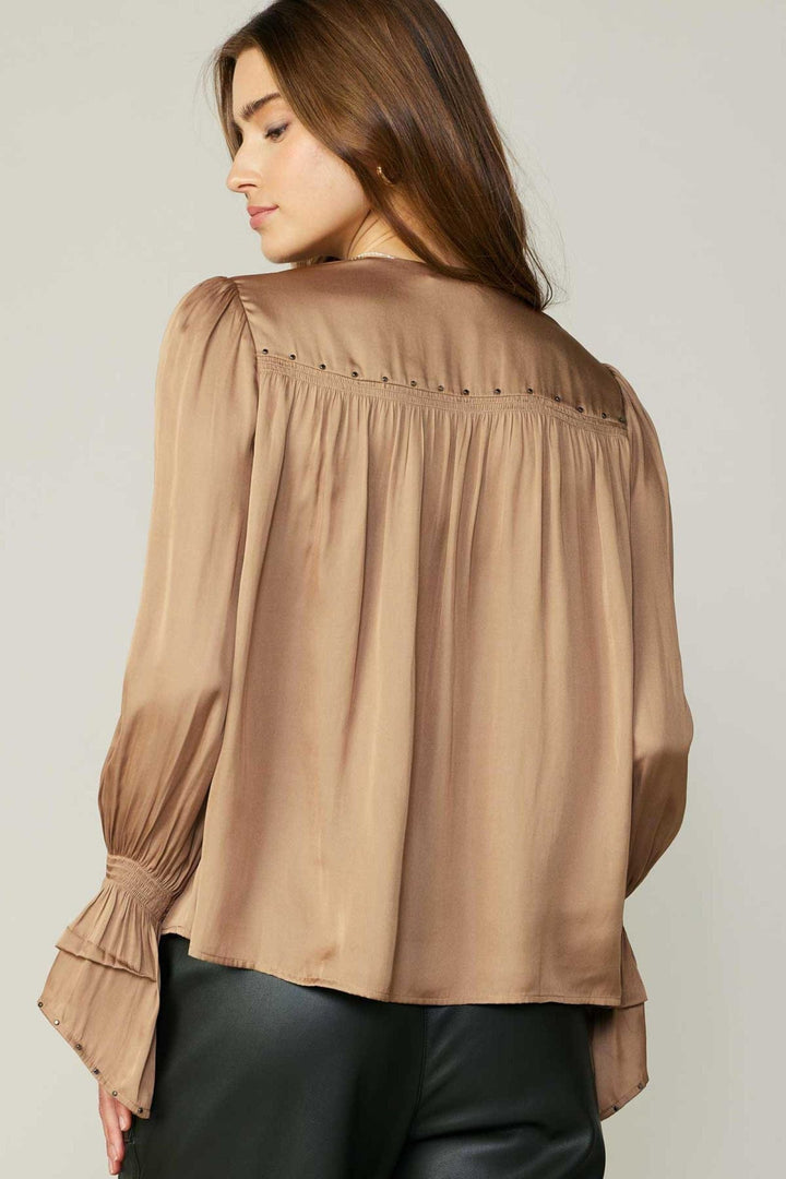 Current Air Long Sleeve V-Neck Top With Studded Shoulder