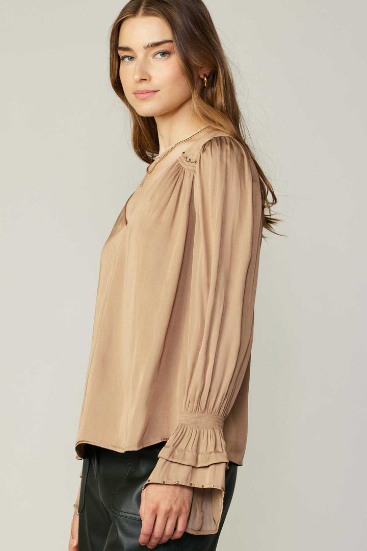 Current Air Long Sleeve V-Neck Top With Studded Shoulder