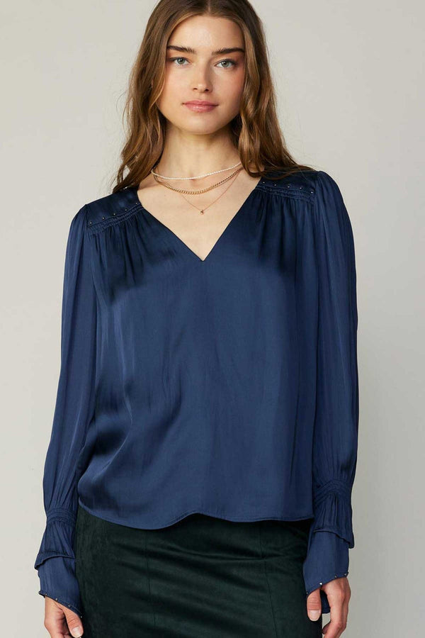 Current Air Long Sleeve V-Neck Top With Studded Shoulder