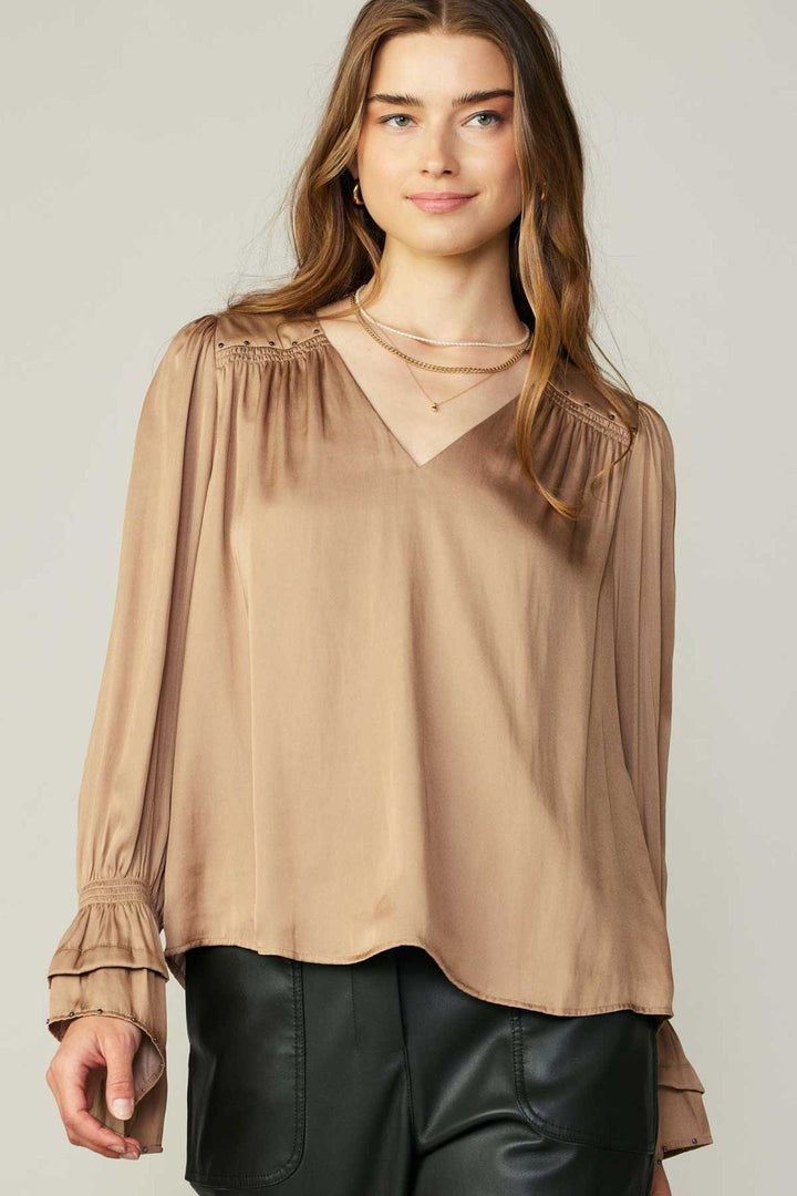 Current Air Long Sleeve V-Neck Top With Studded Shoulder