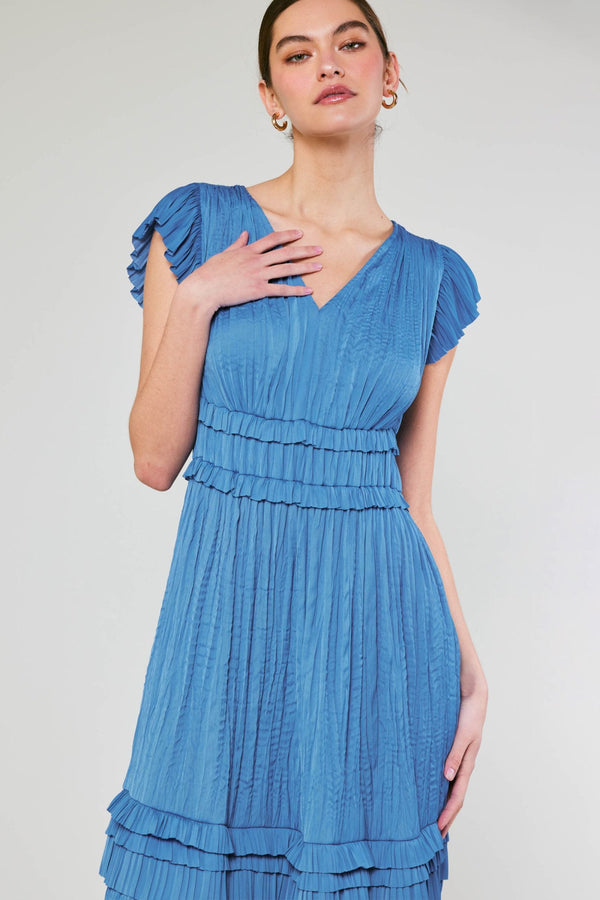 Current Air V Neck Pleated Short Sleeve Ruffle Long Dress