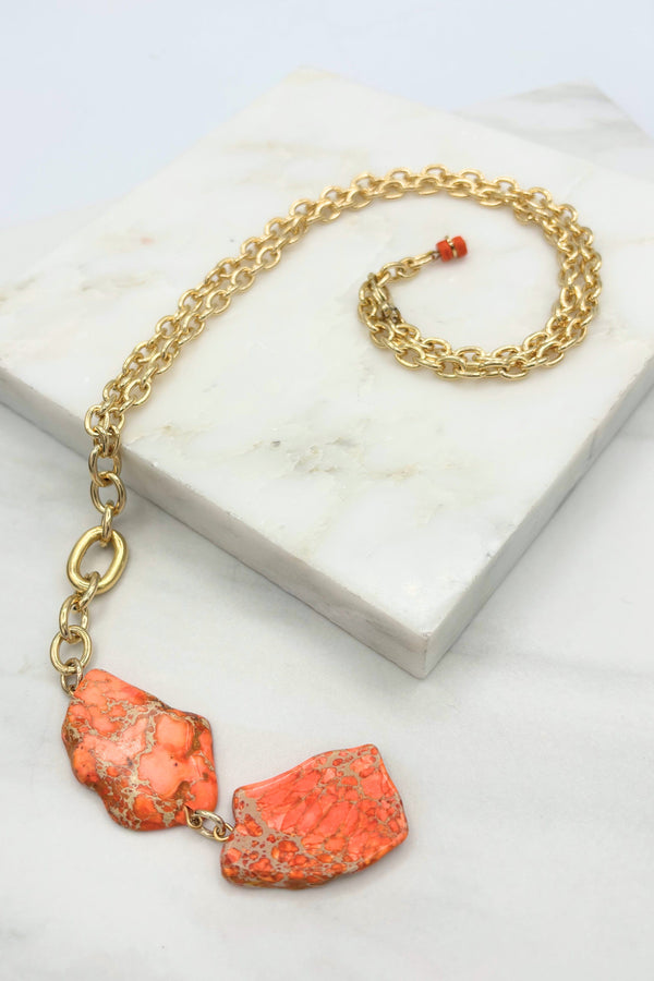 Double Orange Genuine Stone Pendant Thick Chain Necklace