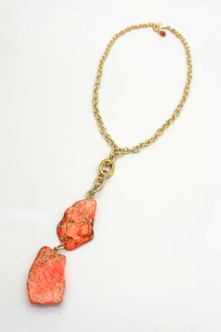 Double Orange Genuine Stone Pendant Thick Chain Necklace