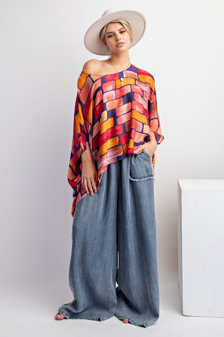 Easel Abstract Printed Mirabelle Satin Poncho Top