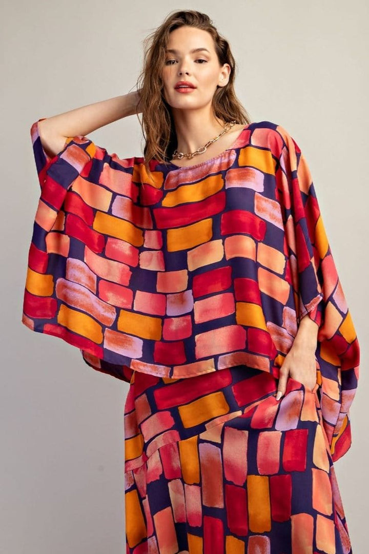 Easel Abstract Printed Mirabelle Satin Poncho Top