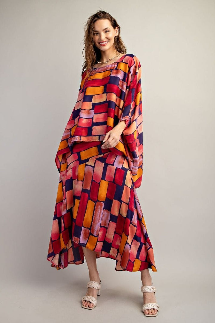 Easel Abstract Printed Mirabelle Satin Poncho Top