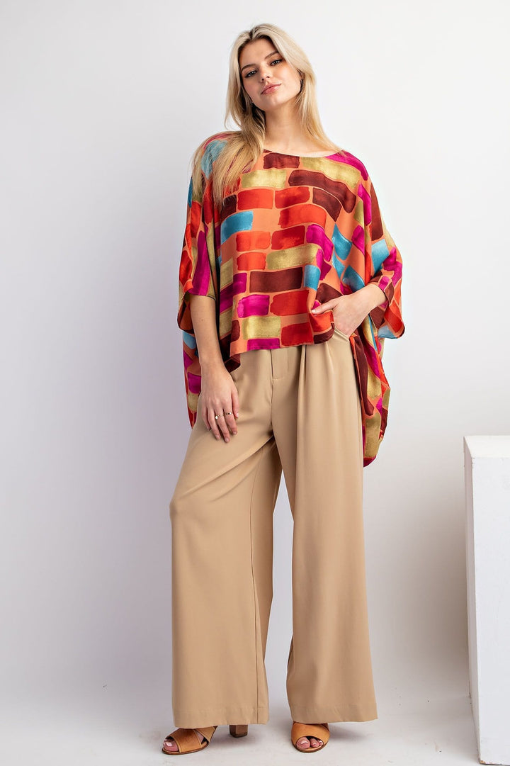 Easel Abstract Printed Mirabelle Satin Poncho Top