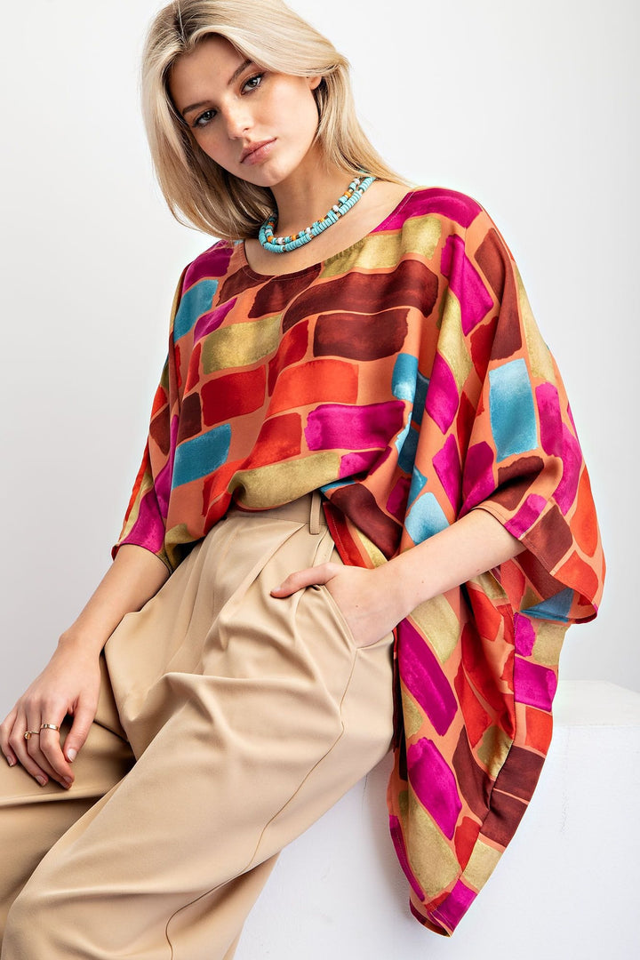 Easel Abstract Printed Mirabelle Satin Poncho Top