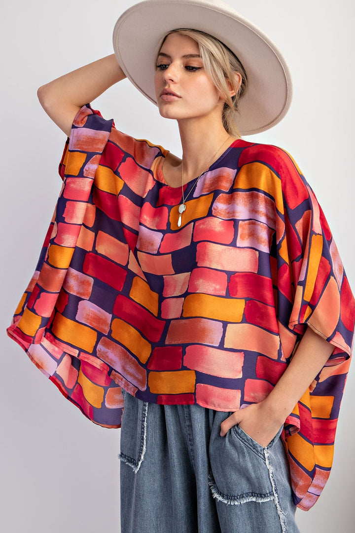 Easel Abstract Printed Mirabelle Satin Poncho Top