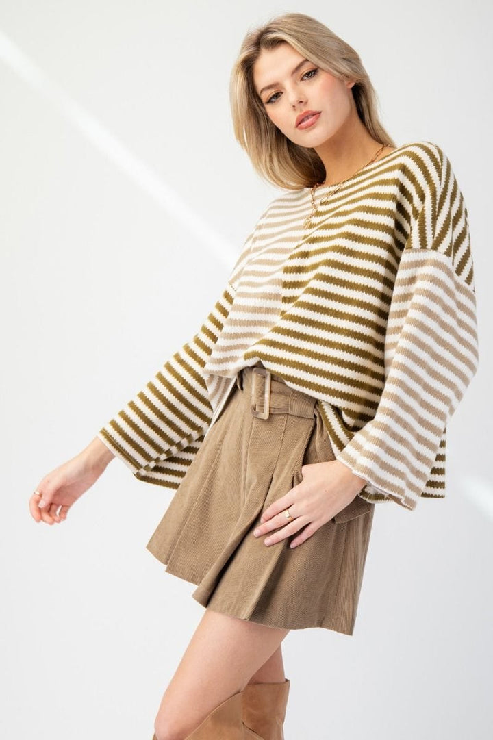 Easel Alternating Color Striped Mix Hacci Knit Top