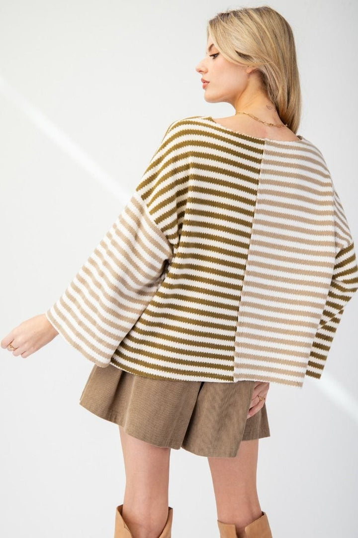 Easel Alternating Color Striped Mix Hacci Knit Top