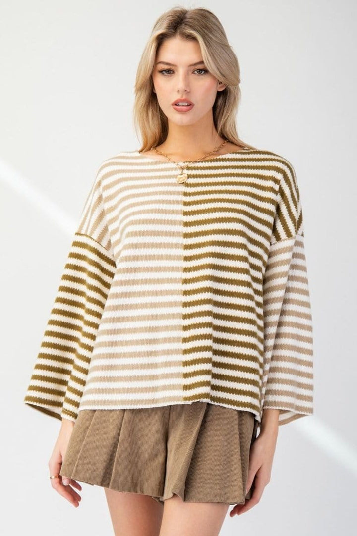 Easel Alternating Color Striped Mix Hacci Knit Top