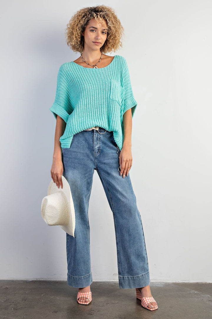 Easel Boxy Cuffed Short Sleeve Knitted Ribbed Sweater Top with Front Pocket