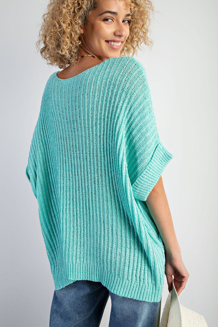 Easel Boxy Cuffed Short Sleeve Knitted Ribbed Sweater Top with Front Pocket