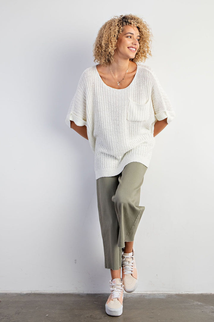 Easel Boxy Cuffed Short Sleeve Knitted Ribbed Sweater Top with Front Pocket