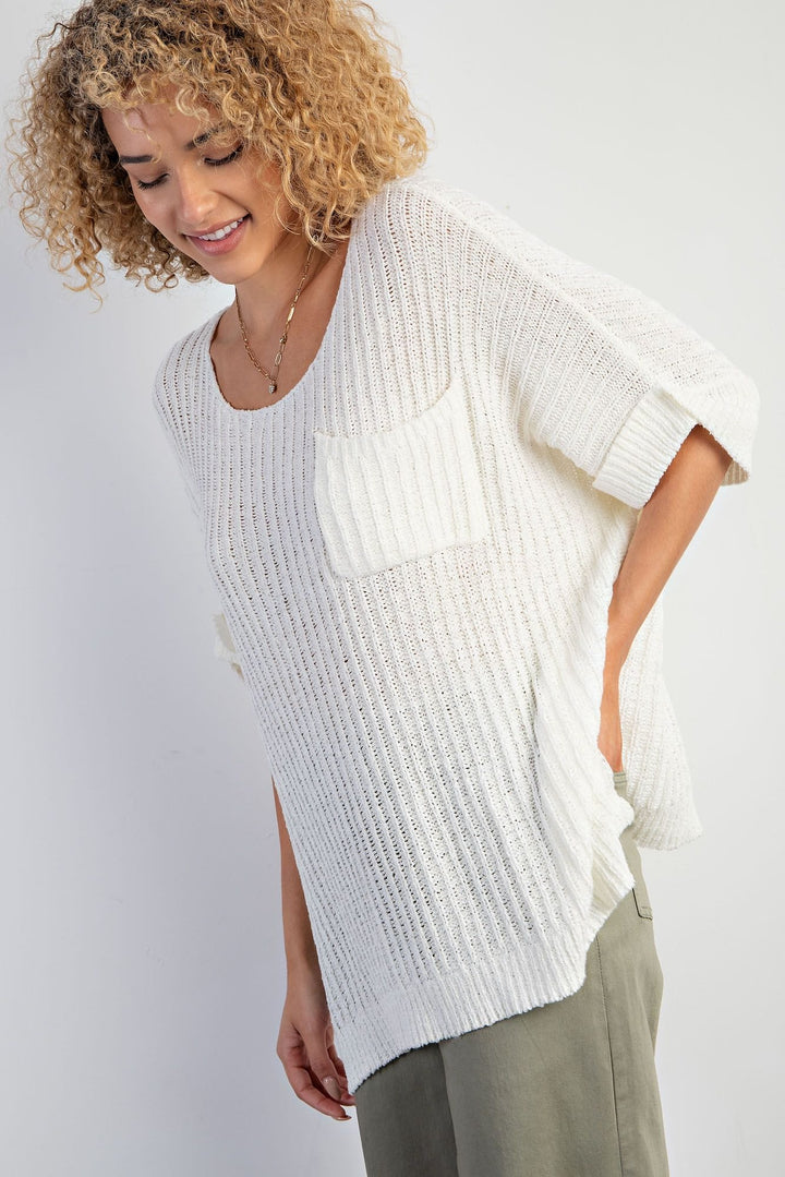 Easel Boxy Cuffed Short Sleeve Knitted Ribbed Sweater Top with Front Pocket