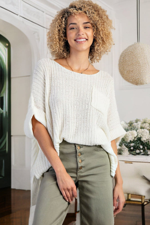 Easel Boxy Cuffed Short Sleeve Knitted Ribbed Sweater Top with Front Pocket