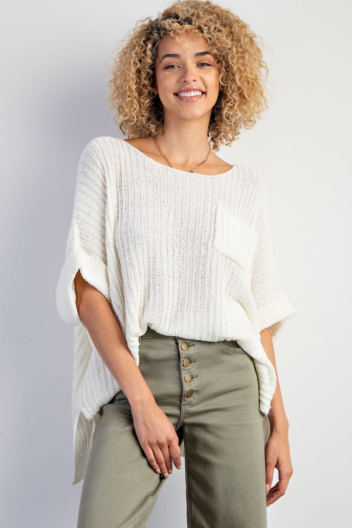 Easel Boxy Cuffed Short Sleeve Knitted Ribbed Sweater Top with Front Pocket