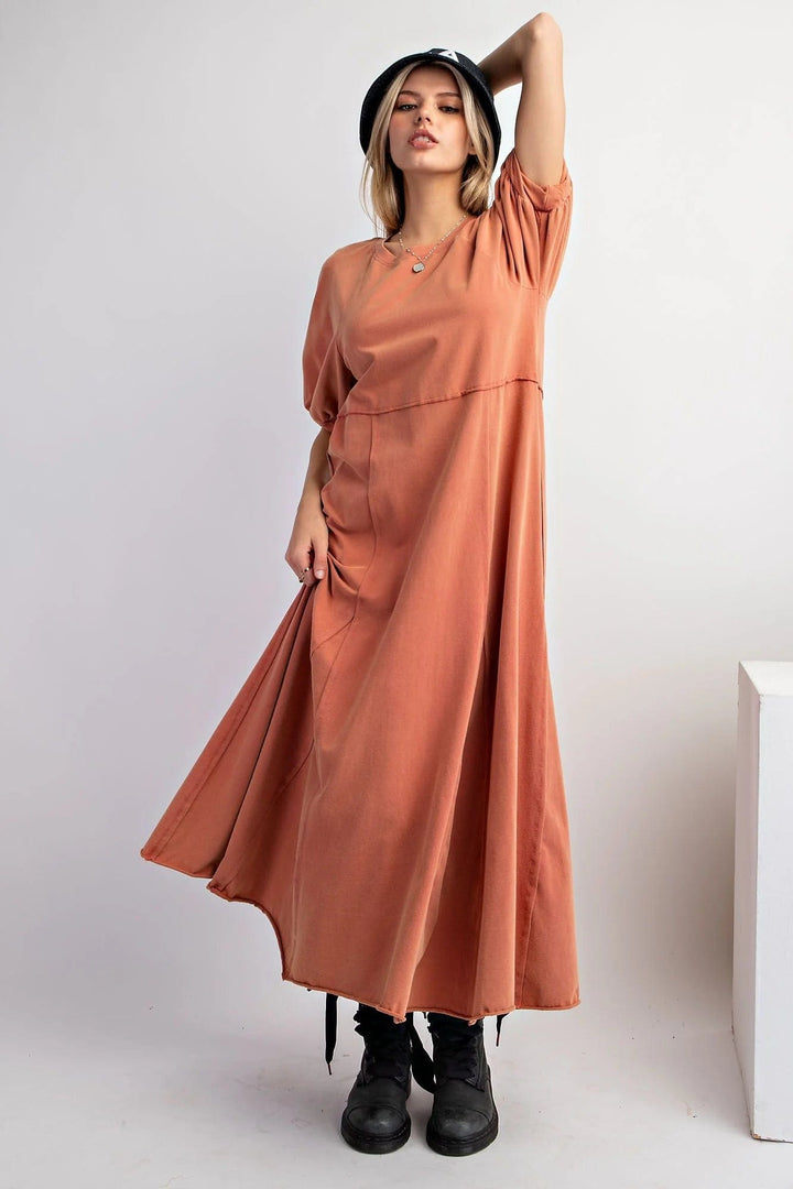 Easel Bubble Short Sleeve Mineral Washed Cotton Knit Maxi Dress