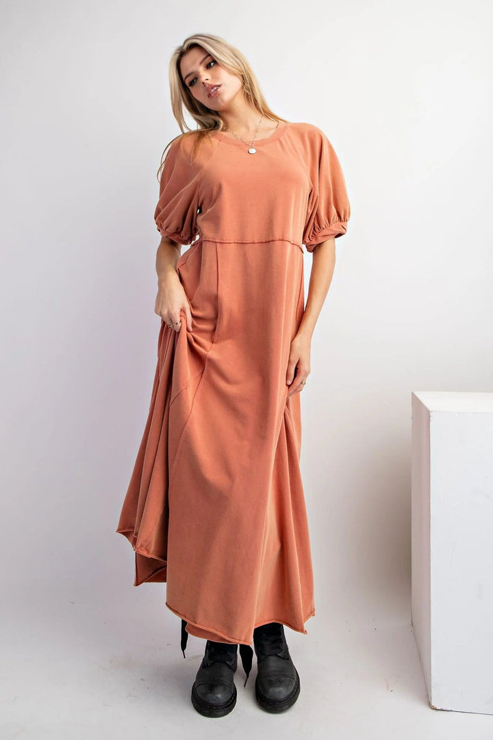 Easel Bubble Short Sleeve Mineral Washed Cotton Knit Maxi Dress