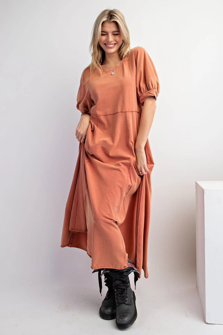 Easel Bubble Short Sleeve Mineral Washed Cotton Knit Maxi Dress