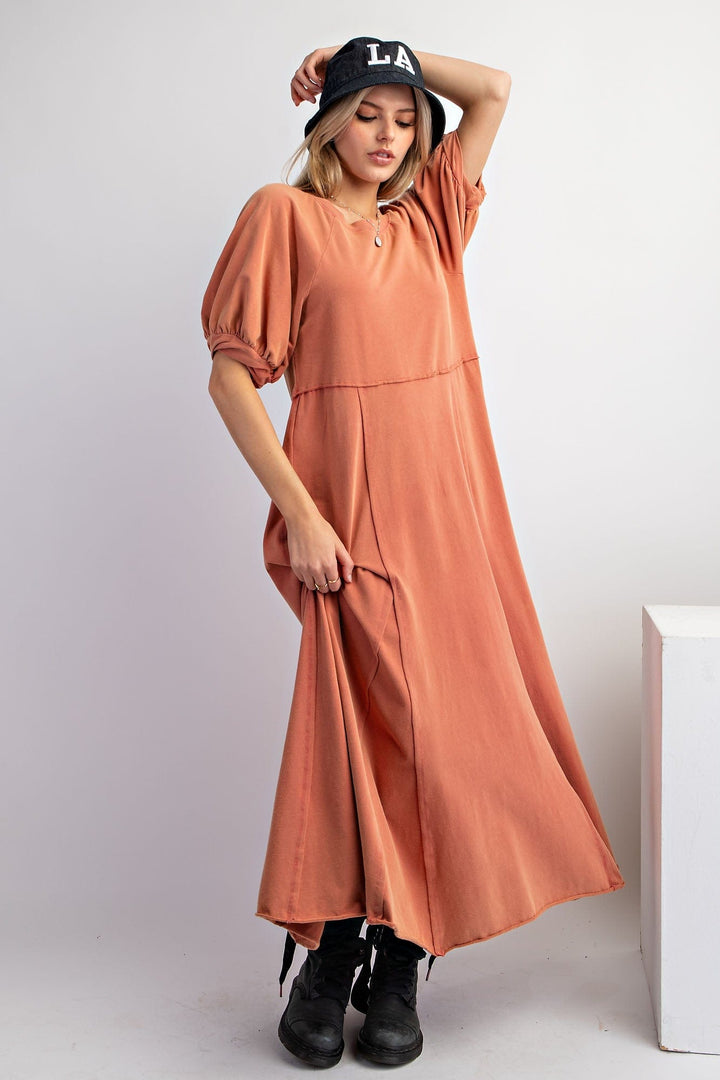 Easel Bubble Short Sleeve Mineral Washed Cotton Knit Maxi Dress