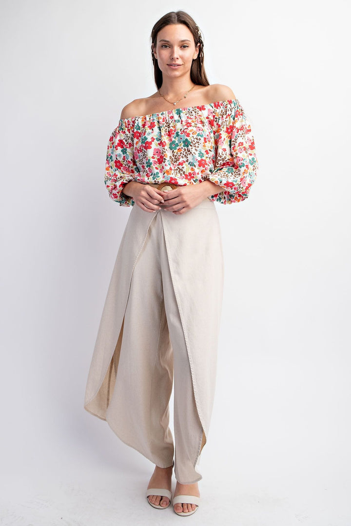 Easel Bubble Sleeve Printed Rayon Challis Off Shoulder Woven Top