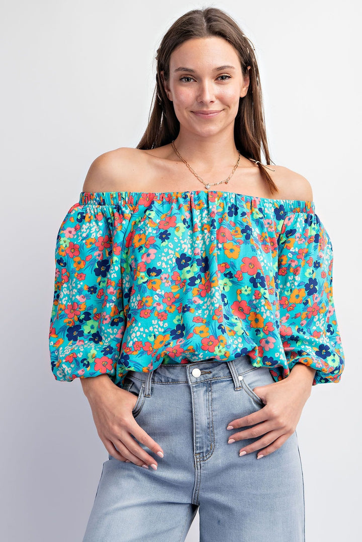 Easel Bubble Sleeve Printed Rayon Challis Off Shoulder Woven Top