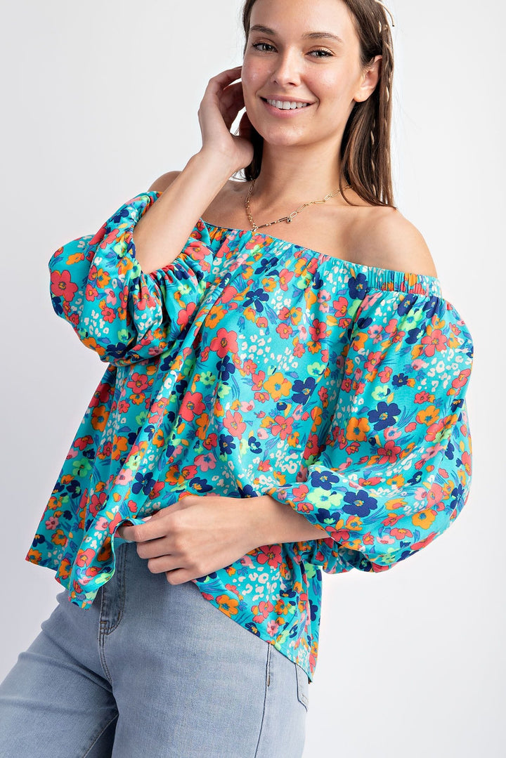 Easel Bubble Sleeve Printed Rayon Challis Off Shoulder Woven Top