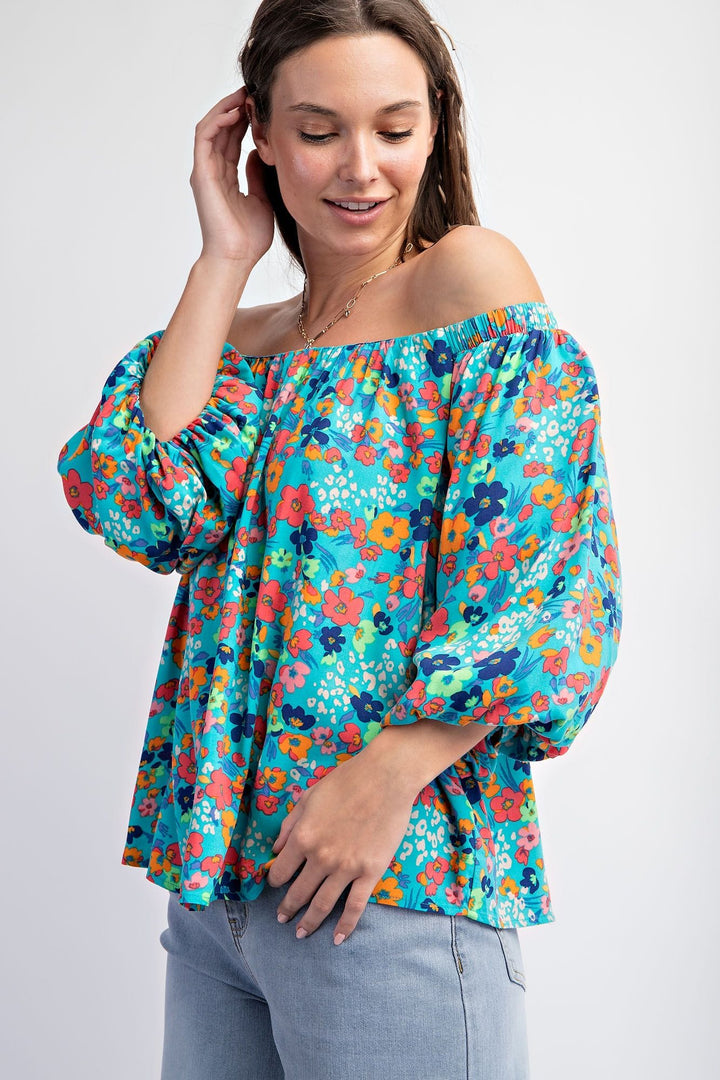 Easel Bubble Sleeve Printed Rayon Challis Off Shoulder Woven Top