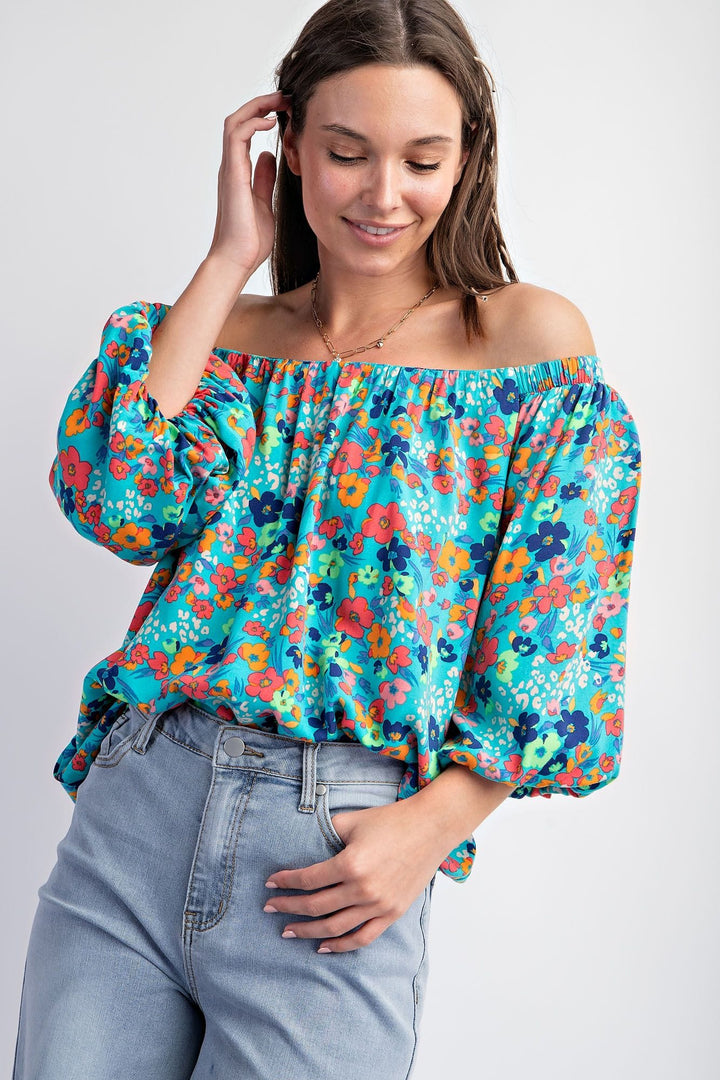 Easel Bubble Sleeve Printed Rayon Challis Off Shoulder Woven Top