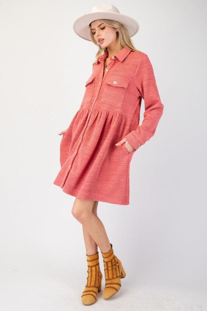 Easel Button Down Collared Rib Knit Shirt Dress