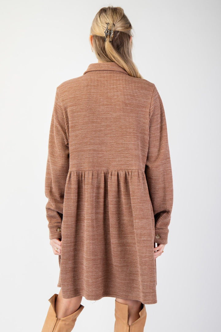 Easel Button Down Collared Rib Knit Shirt Dress