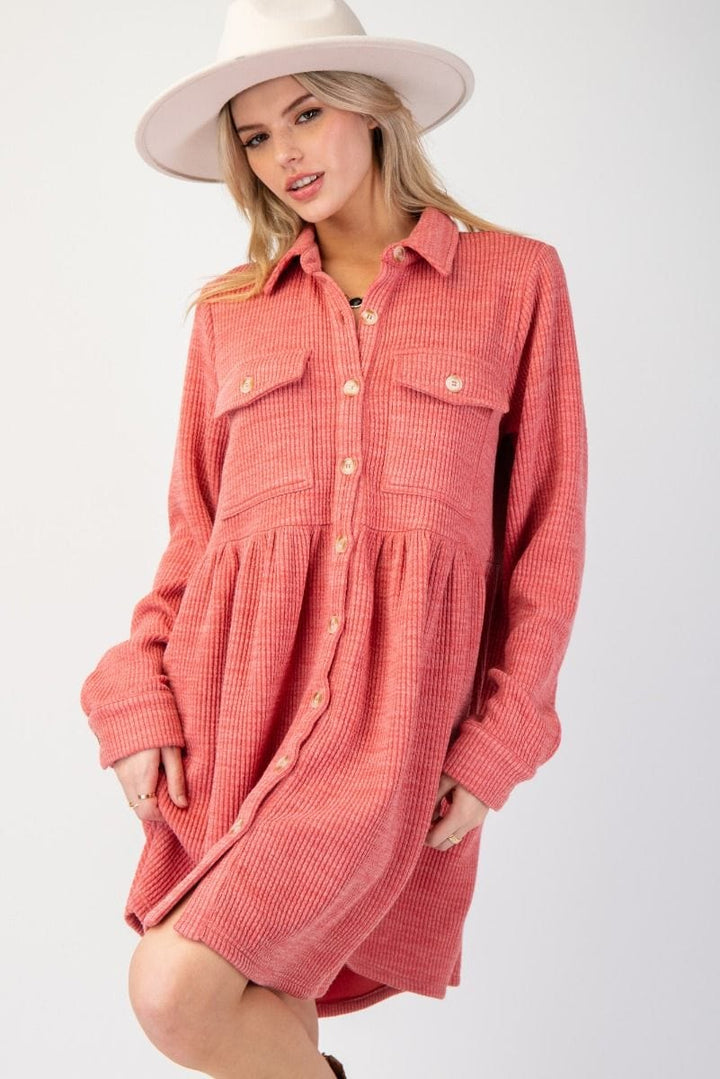 Easel Button Down Collared Rib Knit Shirt Dress