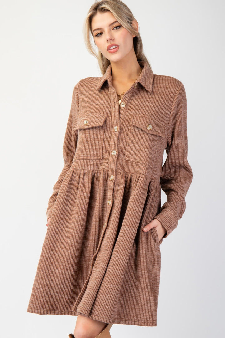 Easel Button Down Collared Rib Knit Shirt Dress