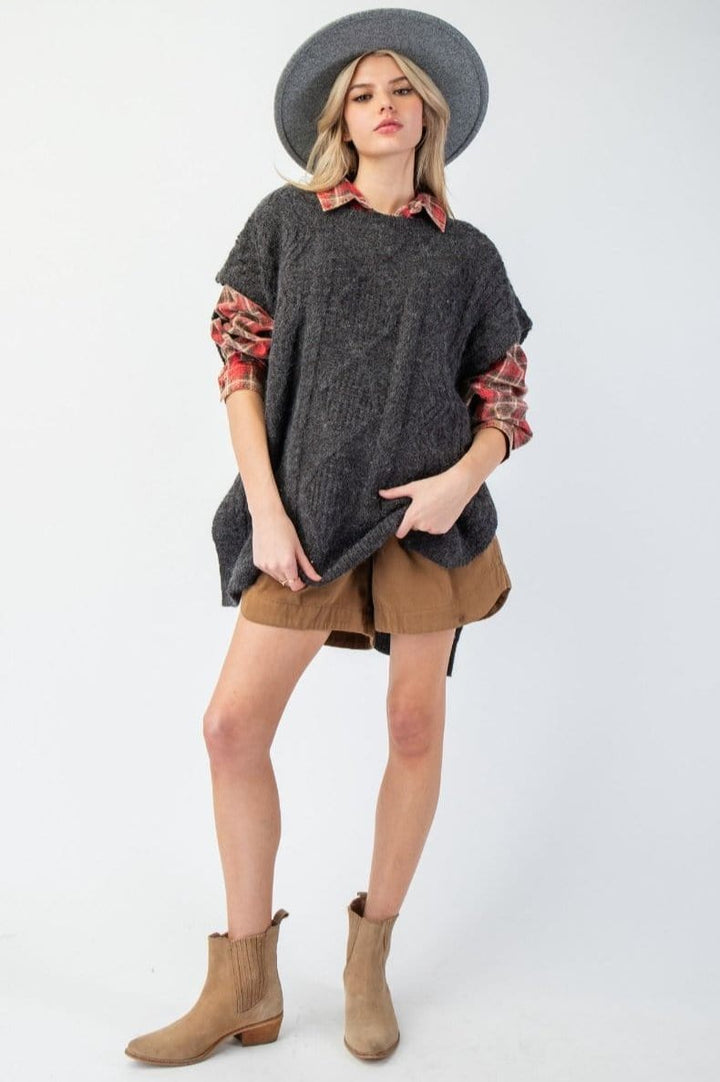 Easel Cable Knit Sweater Sleeveless Oversized Tunic Vest