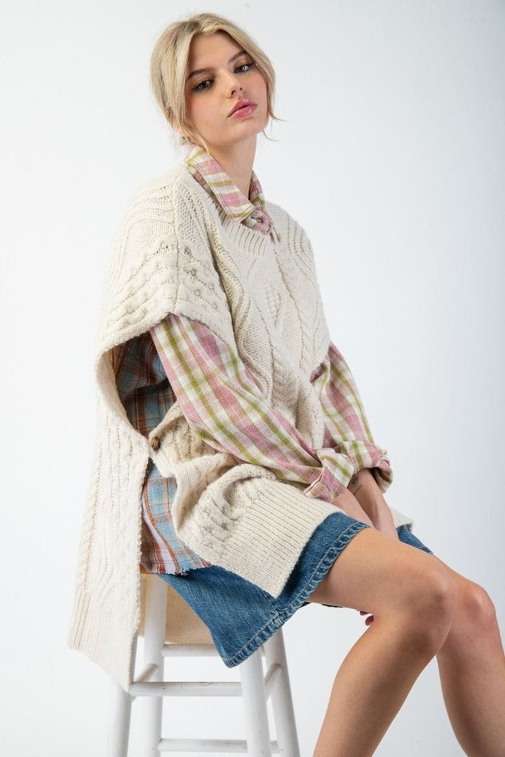 Easel Cable Knit Sweater Sleeveless Oversized Tunic Vest